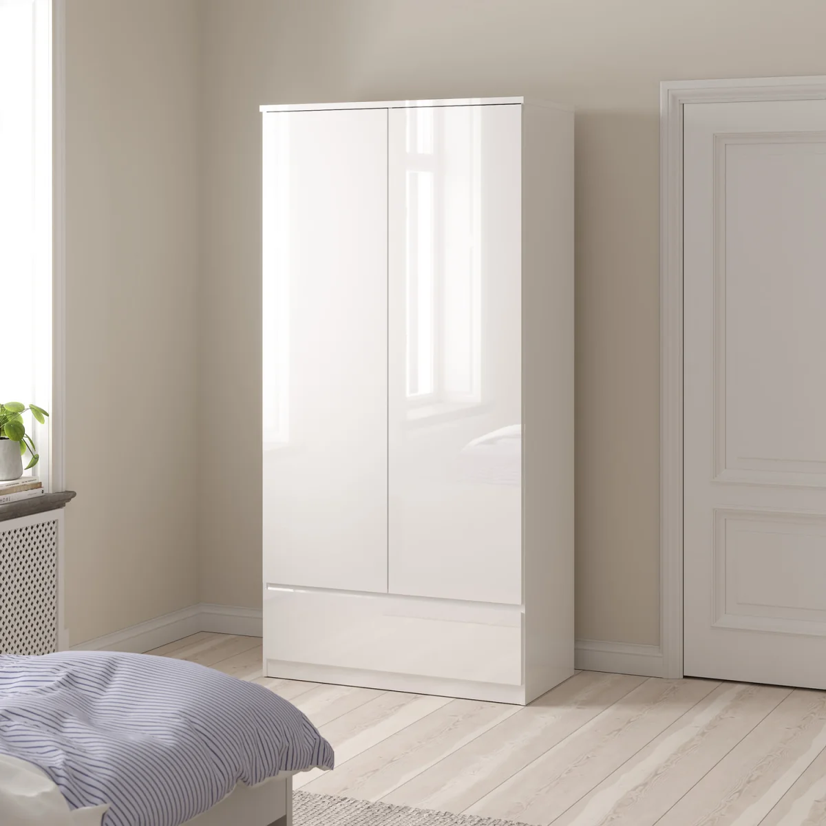 Naia Wardrobe with 2 Doors 1 Drawer in White High Gloss - White High Gloss – image 3
