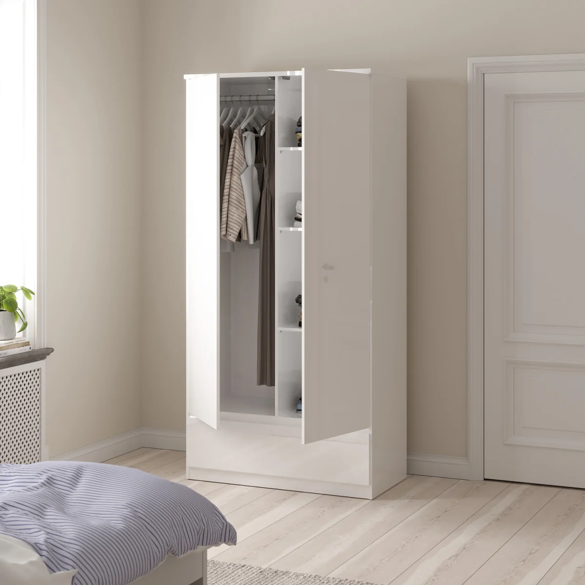 Naia Wardrobe with 2 Doors 1 Drawer in White High Gloss - White High Gloss – image 6