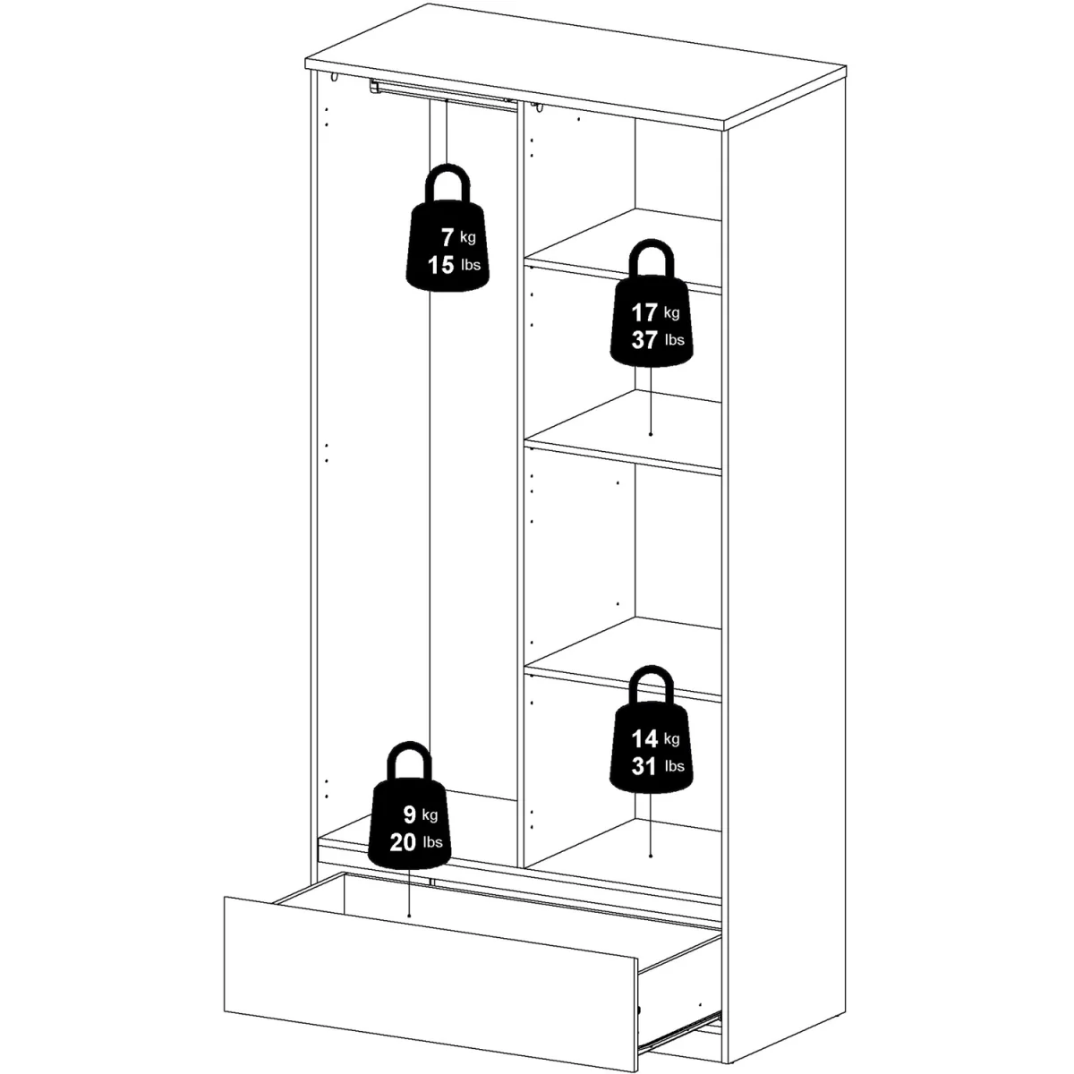 Naia Wardrobe with 2 Doors 1 Drawer in White High Gloss - White High Gloss – image 8