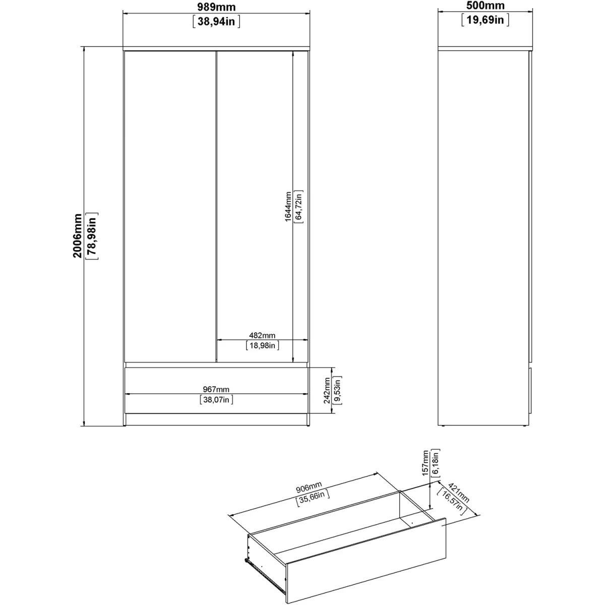 Naia Wardrobe with 2 Doors 1 Drawer in White High Gloss - White High Gloss – image 9