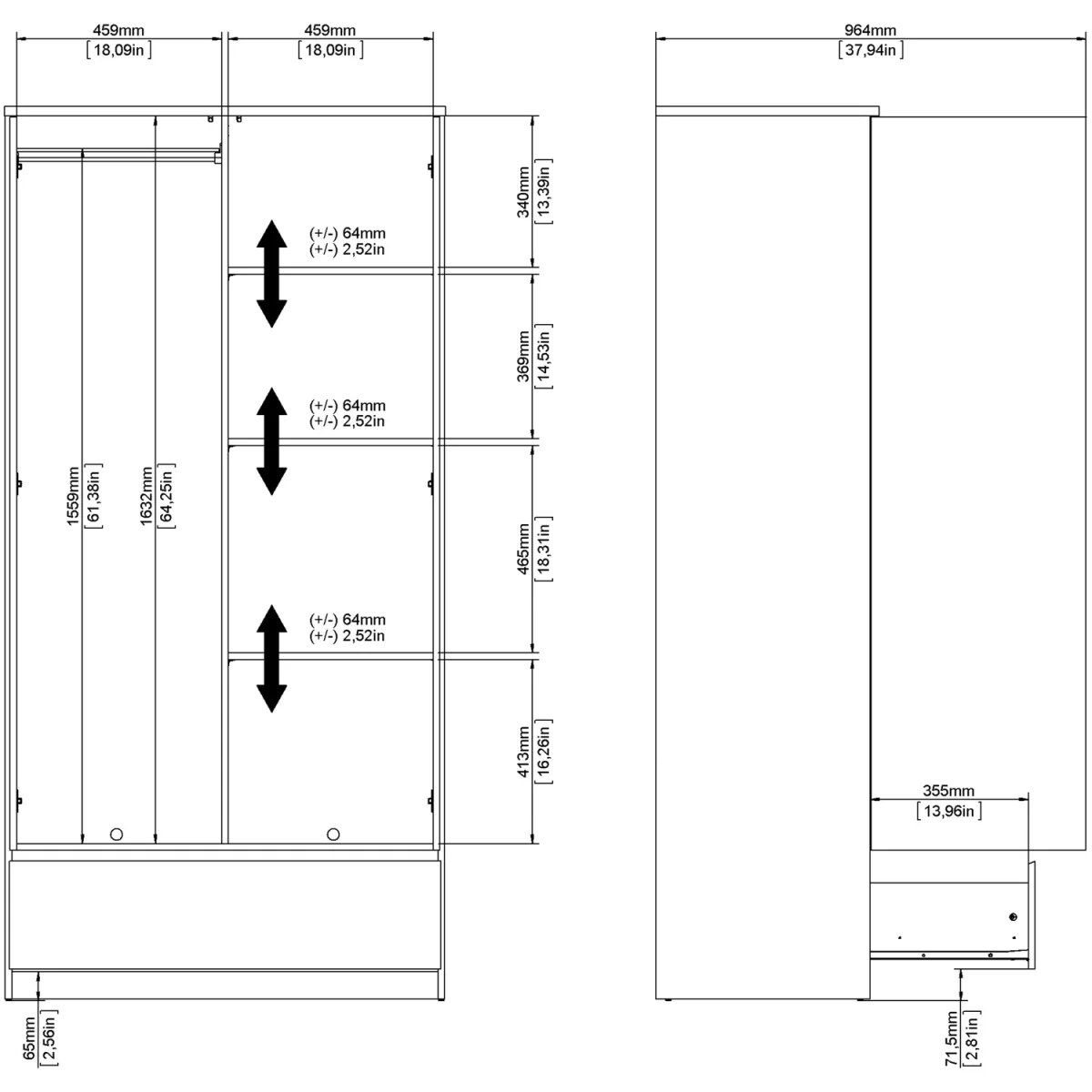Naia Wardrobe with 2 Doors 1 Drawer in White High Gloss - White High Gloss – image 10