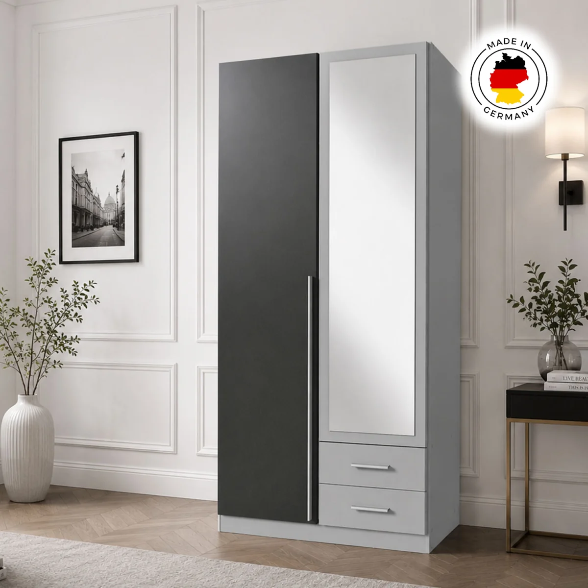 Husem Grey and Graphite 2 Door 90cm Wardrobe with Mirror - Grey – image 2