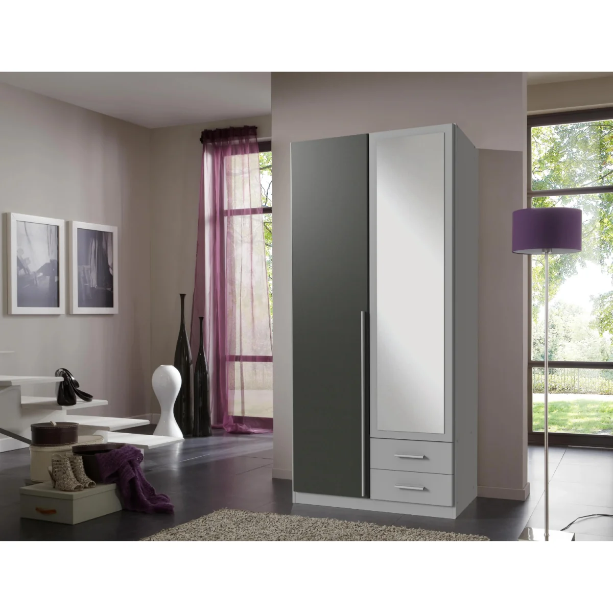 Husem Grey and Graphite 2 Door 90cm Wardrobe with Mirror - Grey – image 3
