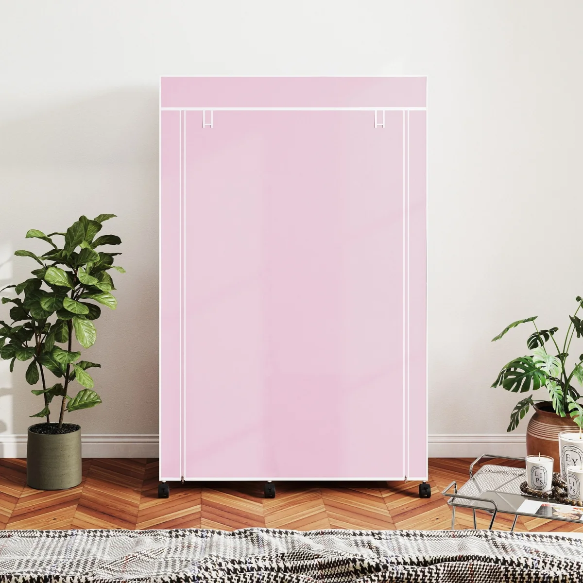 Modern Wardrobe Portable Wardrobe with 6 Shelves 1 Hanging Rail - Pink – image 2