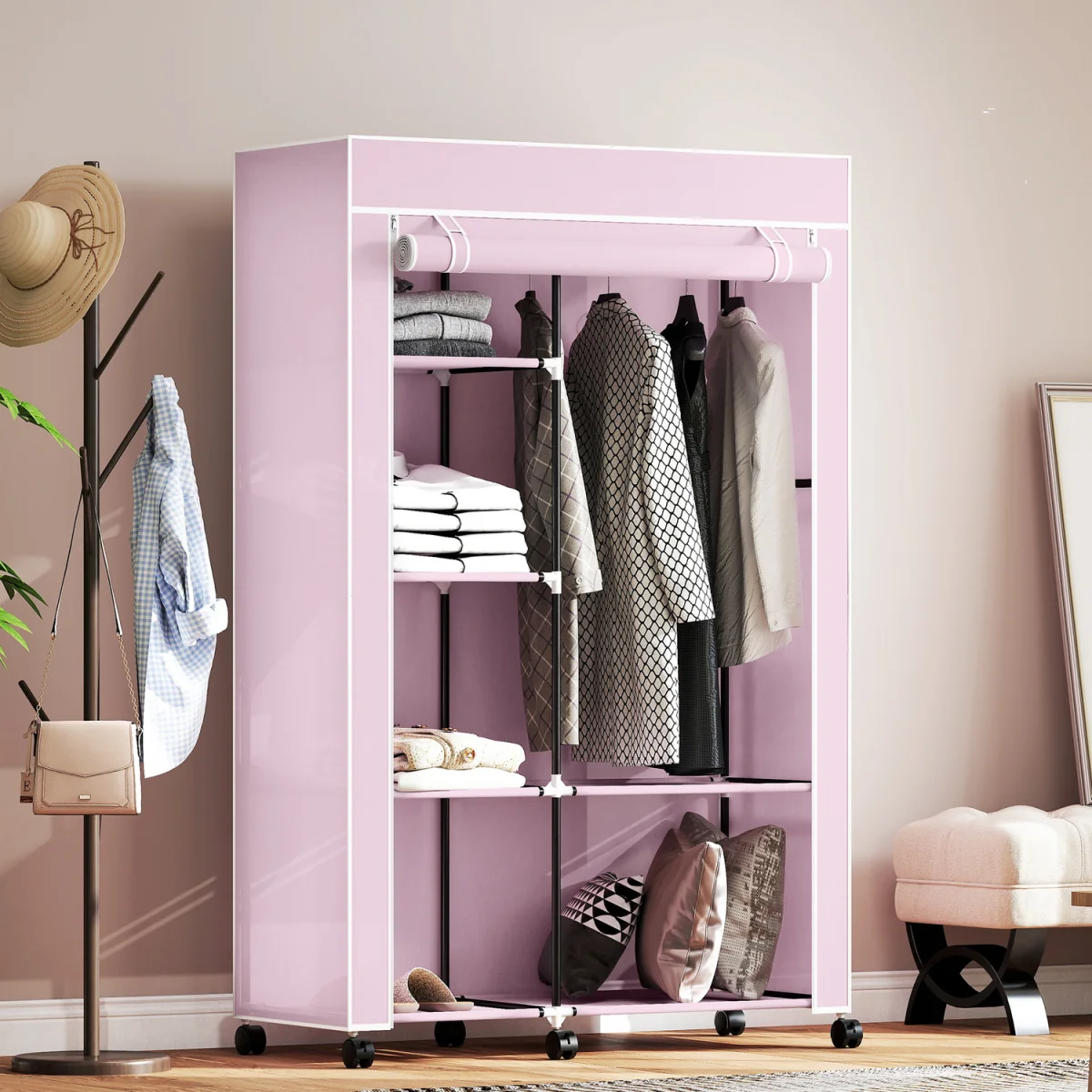 Modern Wardrobe Portable Wardrobe with 6 Shelves 1 Hanging Rail - Pink – image 3