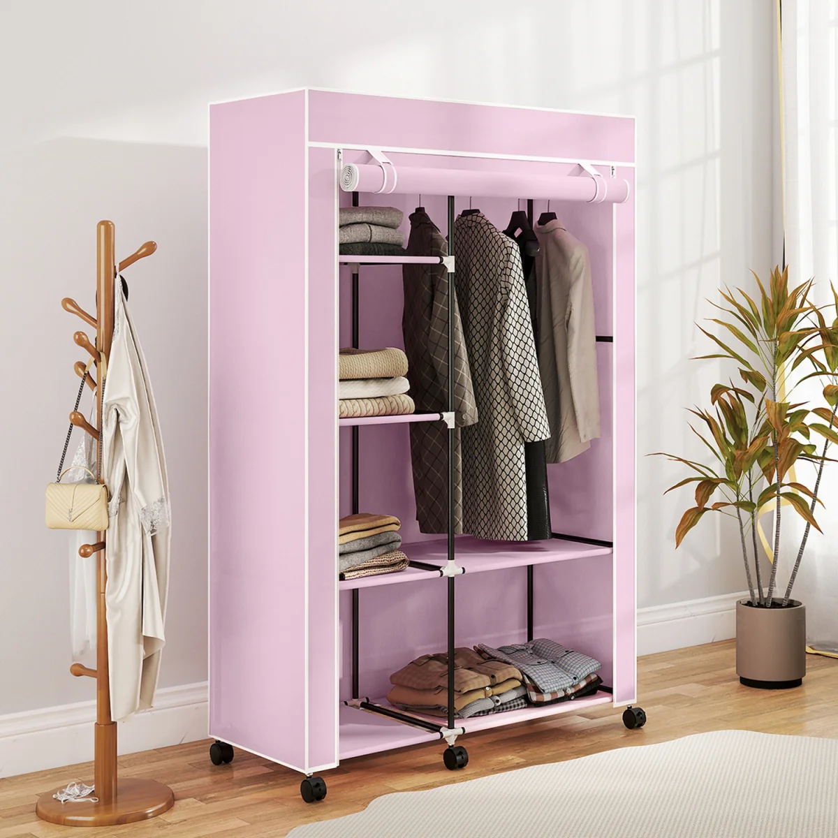Modern Wardrobe Portable Wardrobe with 6 Shelves 1 Hanging Rail - Pink – image 4