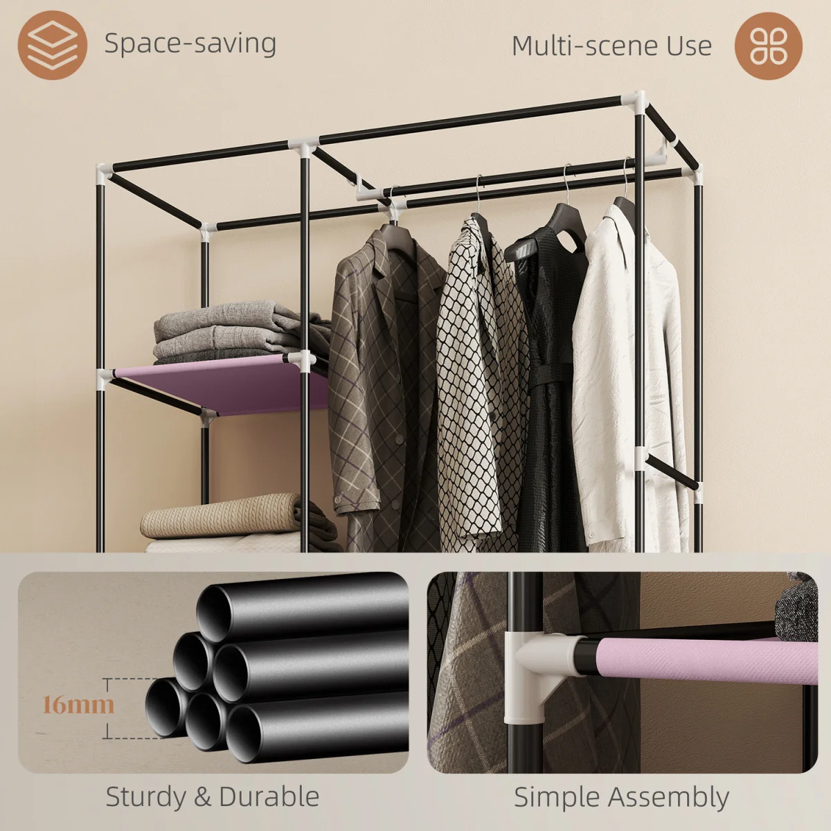 Modern Wardrobe Portable Wardrobe with 6 Shelves 1 Hanging Rail - Pink – image 5
