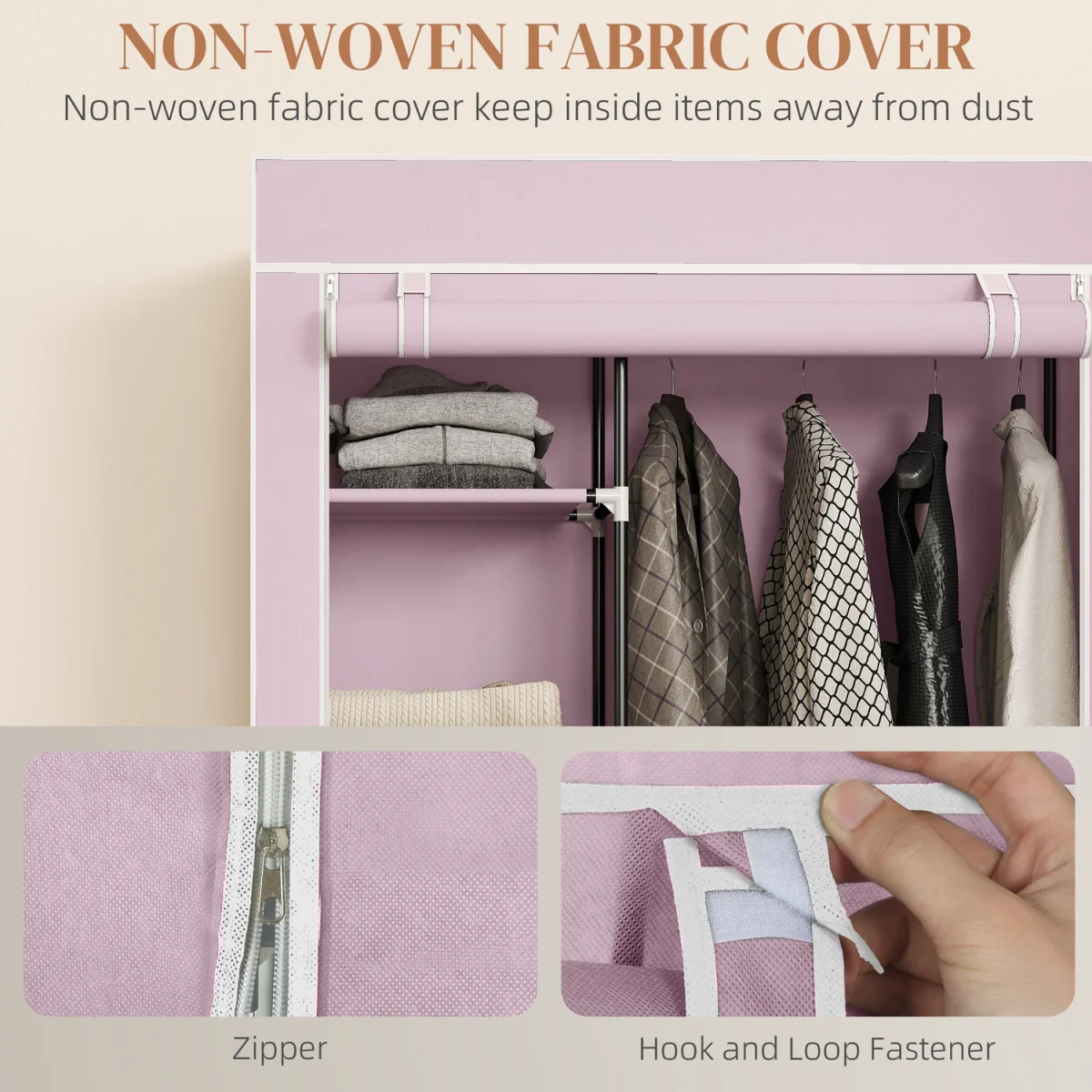 Modern Wardrobe Portable Wardrobe with 6 Shelves 1 Hanging Rail - Pink – image 6