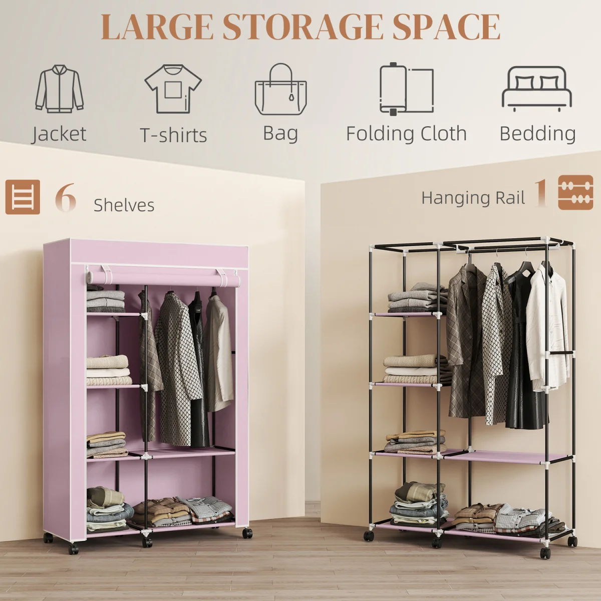 Modern Wardrobe Portable Wardrobe with 6 Shelves 1 Hanging Rail - Pink – image 7