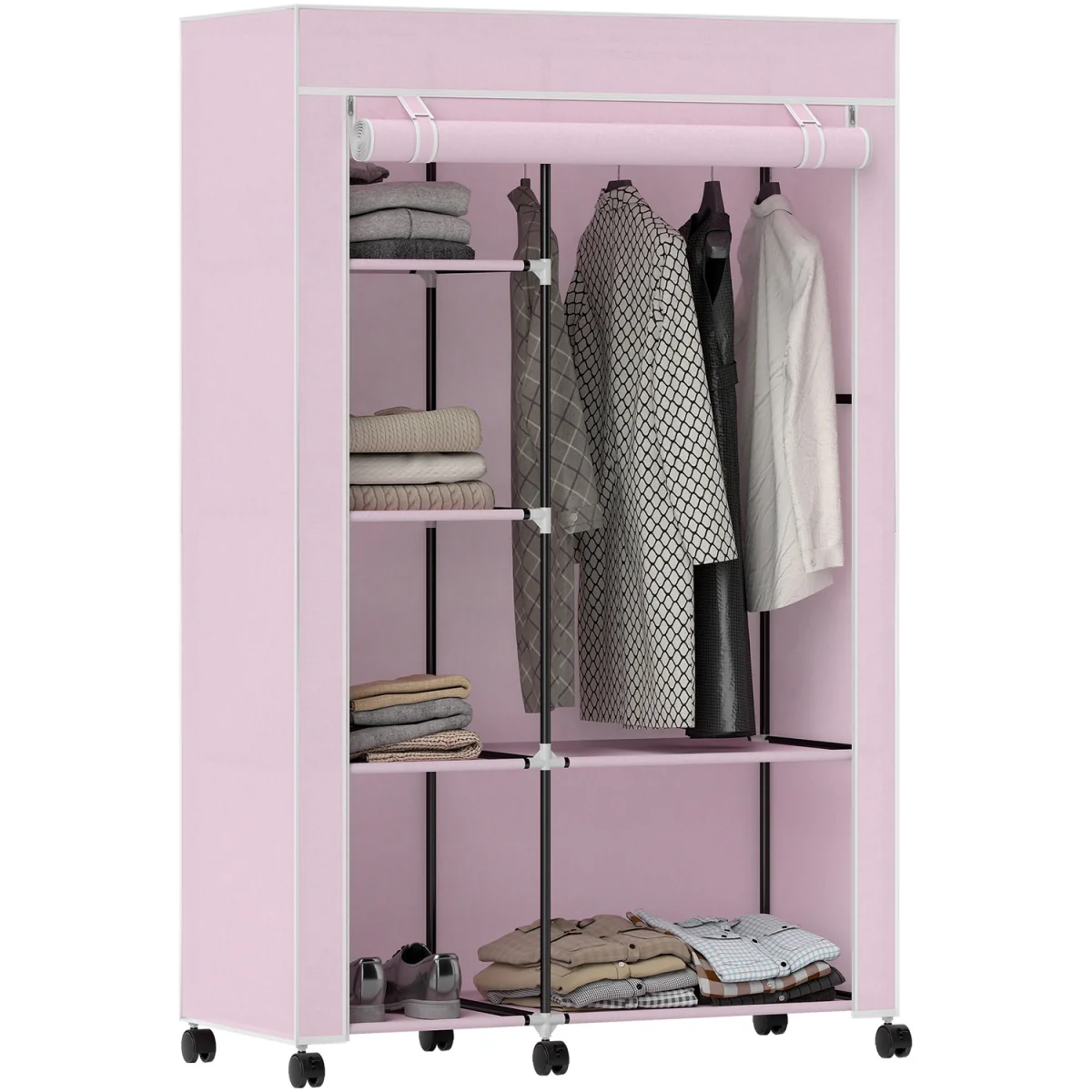 Modern Wardrobe Portable Wardrobe with 6 Shelves 1 Hanging Rail - Pink – image 9