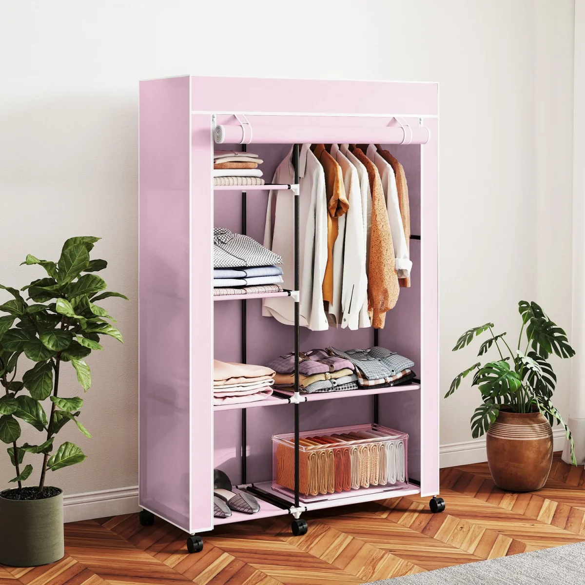Modern Wardrobe Portable Wardrobe with 6 Shelves 1 Hanging Rail - Pink – image 1