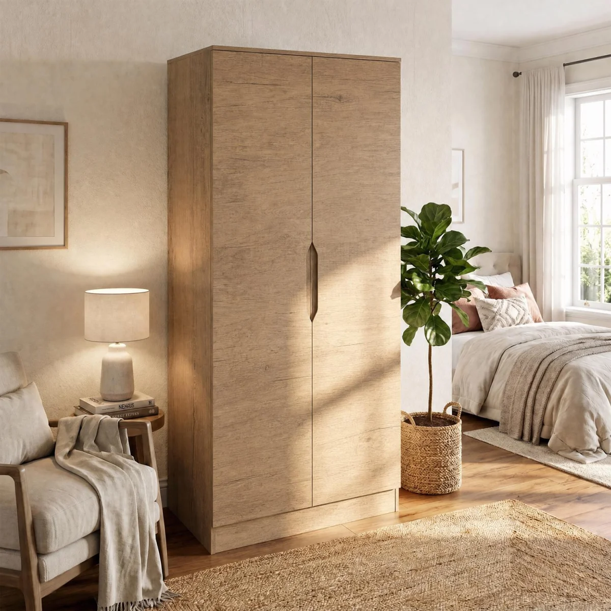 FWStyle Luno Oak 2 Door Double Wardrobe with Rail Shelf Modern  - Oak – image 2