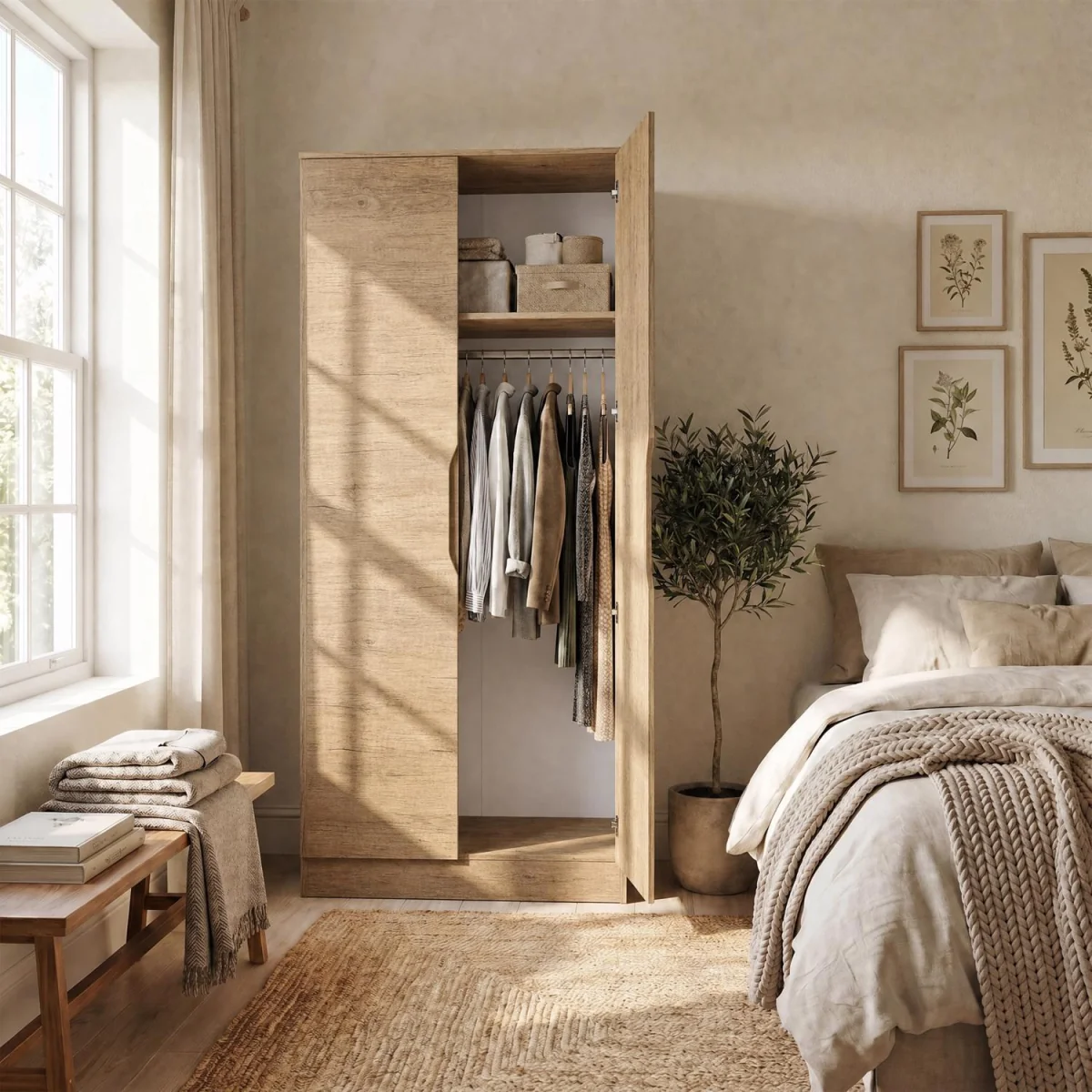 FWStyle Luno Oak 2 Door Double Wardrobe with Rail Shelf Modern  - Oak – image 3