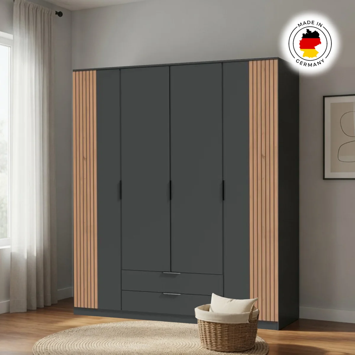 Nameer Graphite and Oak 4 Door 180cm Wardrobe - Grey – image 6