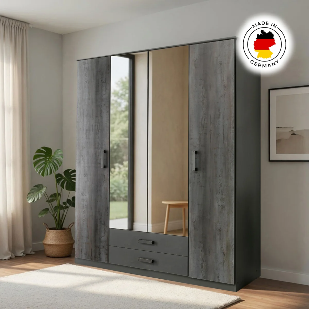 Duisberg Grey and Digi Steel 4 Door 180cm Wardrobe with Mirror - Grey – image 2