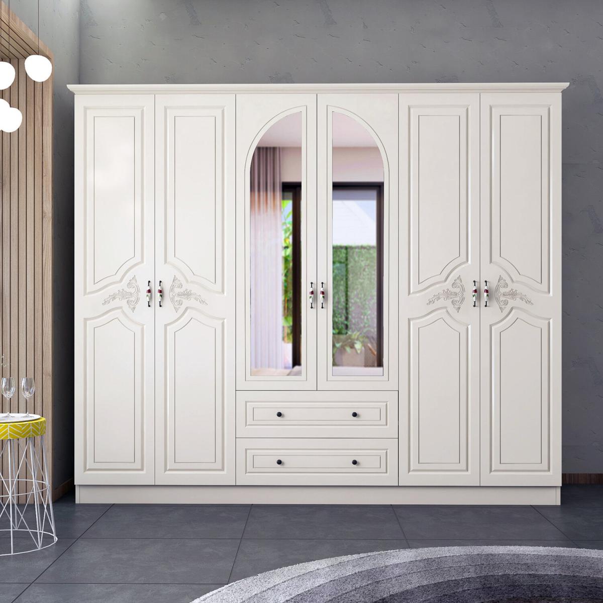 CLARA 6 Door 2 Drawers Wardrobe, White - White – image 2