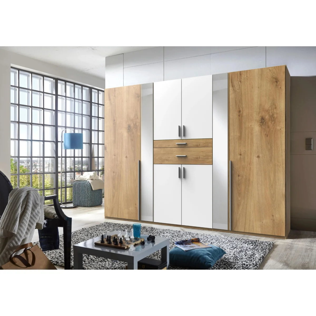 Odessa Planked Oak and White 6 Door 270cm Wardrobe with Mirror - Oak – image 2