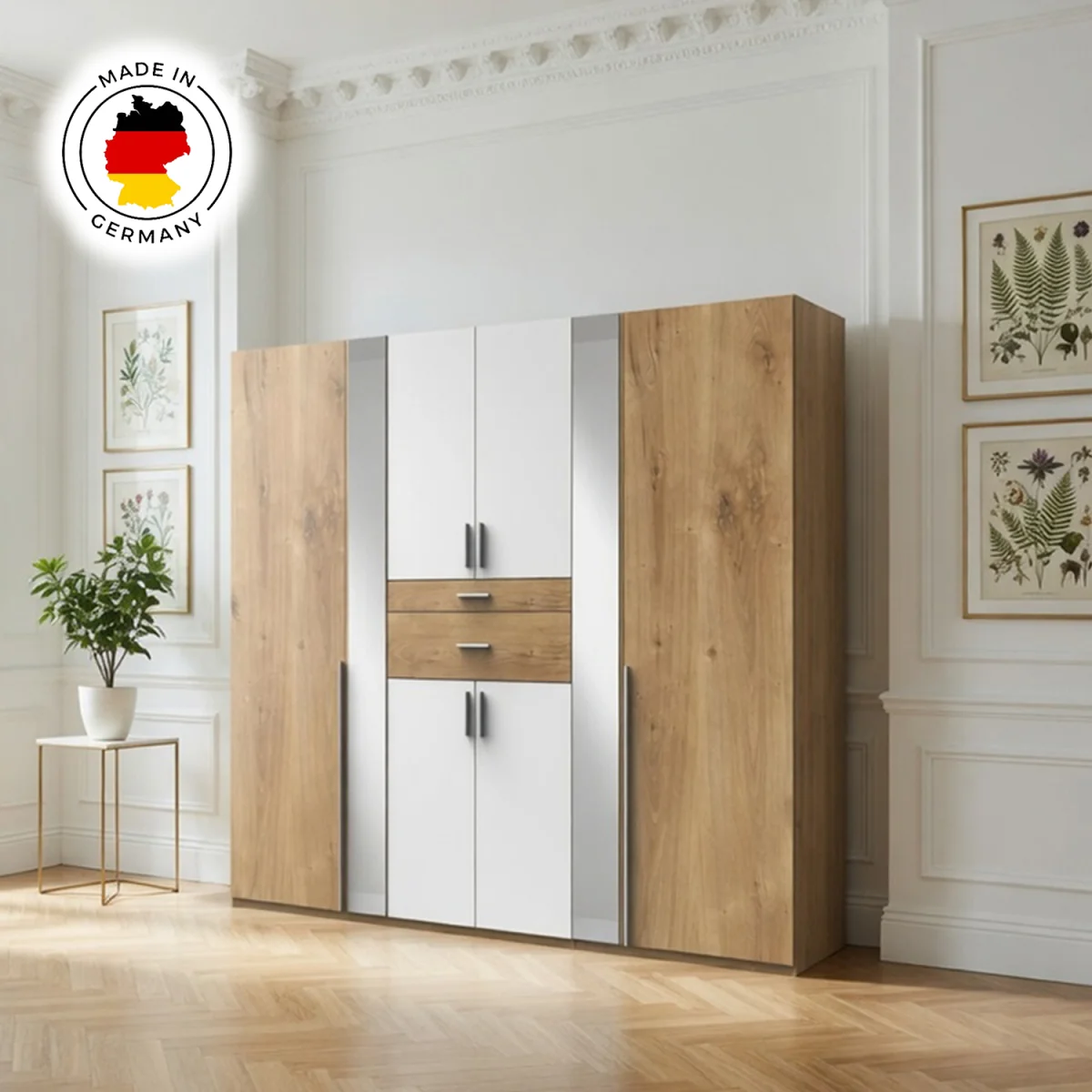 Odessa Planked Oak and White 6 Door 270cm Wardrobe with Mirror - Oak – image 4
