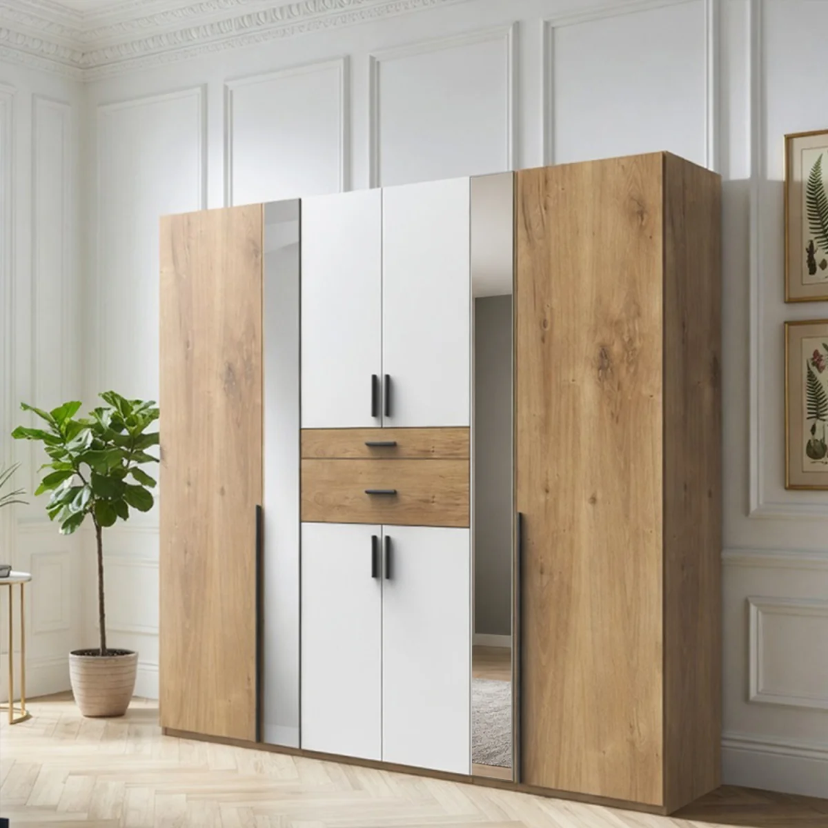Odessa Planked Oak and White 6 Door 270cm Wardrobe with Mirror - Oak – image 1