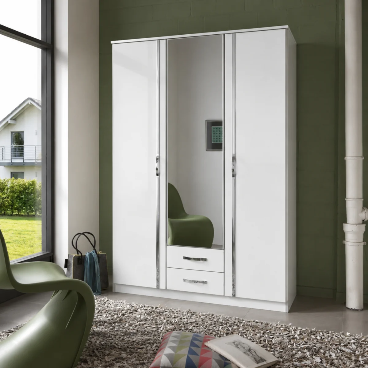 Trio 3 Door Mirrored Wardrobe in Gloss White with Drawers - White – image 2