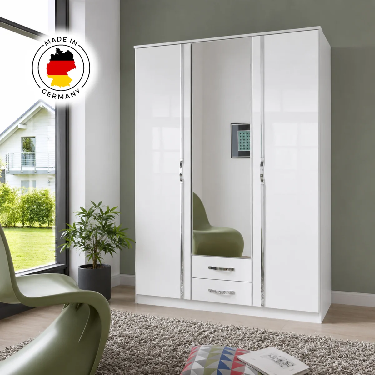 Trio 3 Door Mirrored Wardrobe in Gloss White with Drawers - White – image 4