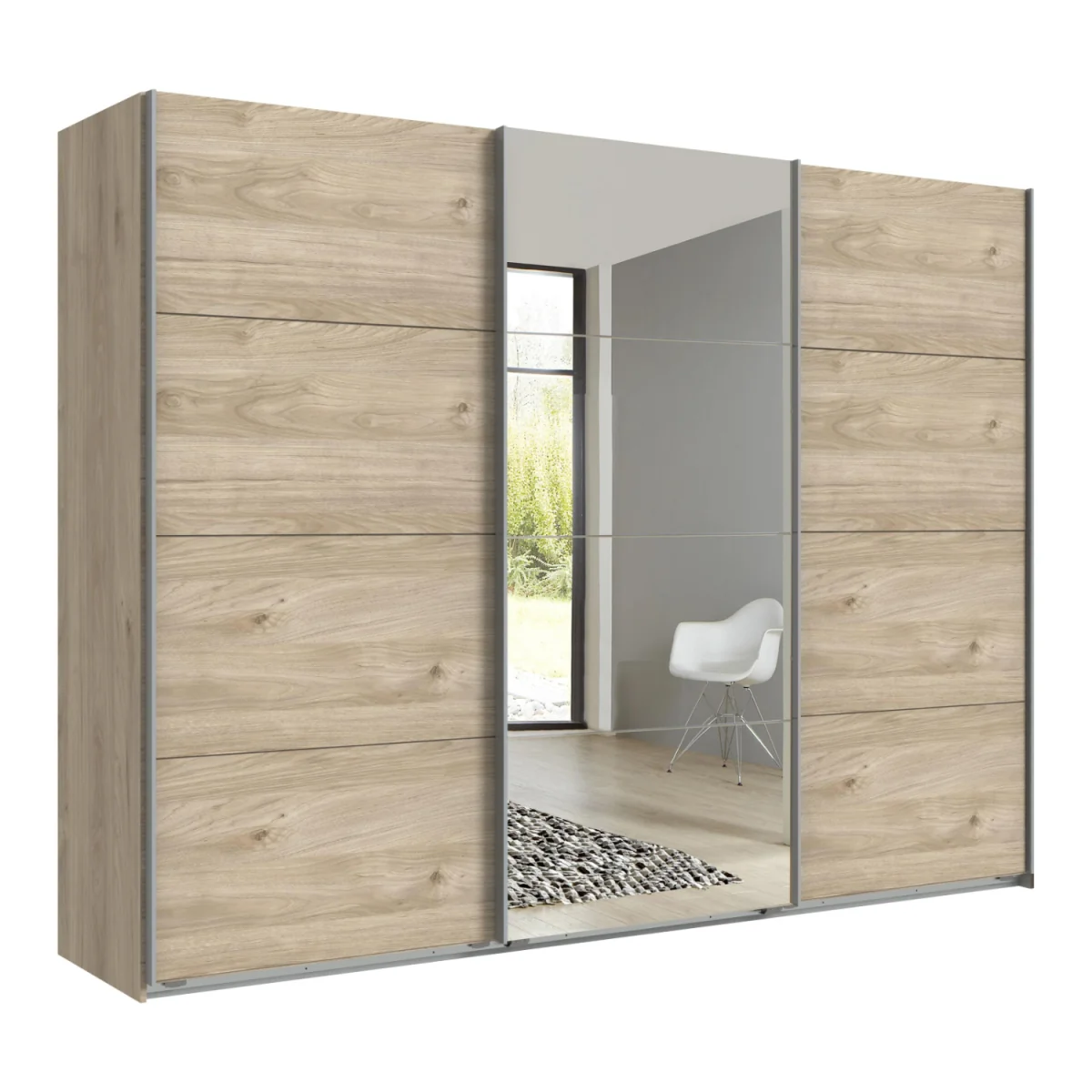 Ernie 270cm 3 Door Mirrored Sliding Wardrobe in Hickory Oak - Oak – image 3