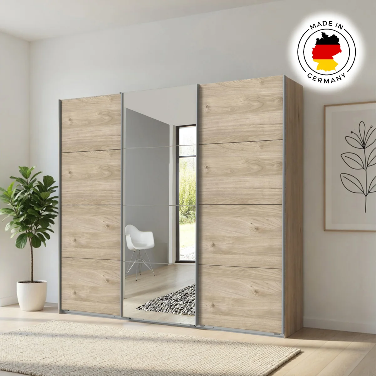 Ernie 270cm 3 Door Mirrored Sliding Wardrobe in Hickory Oak - Oak – image 5