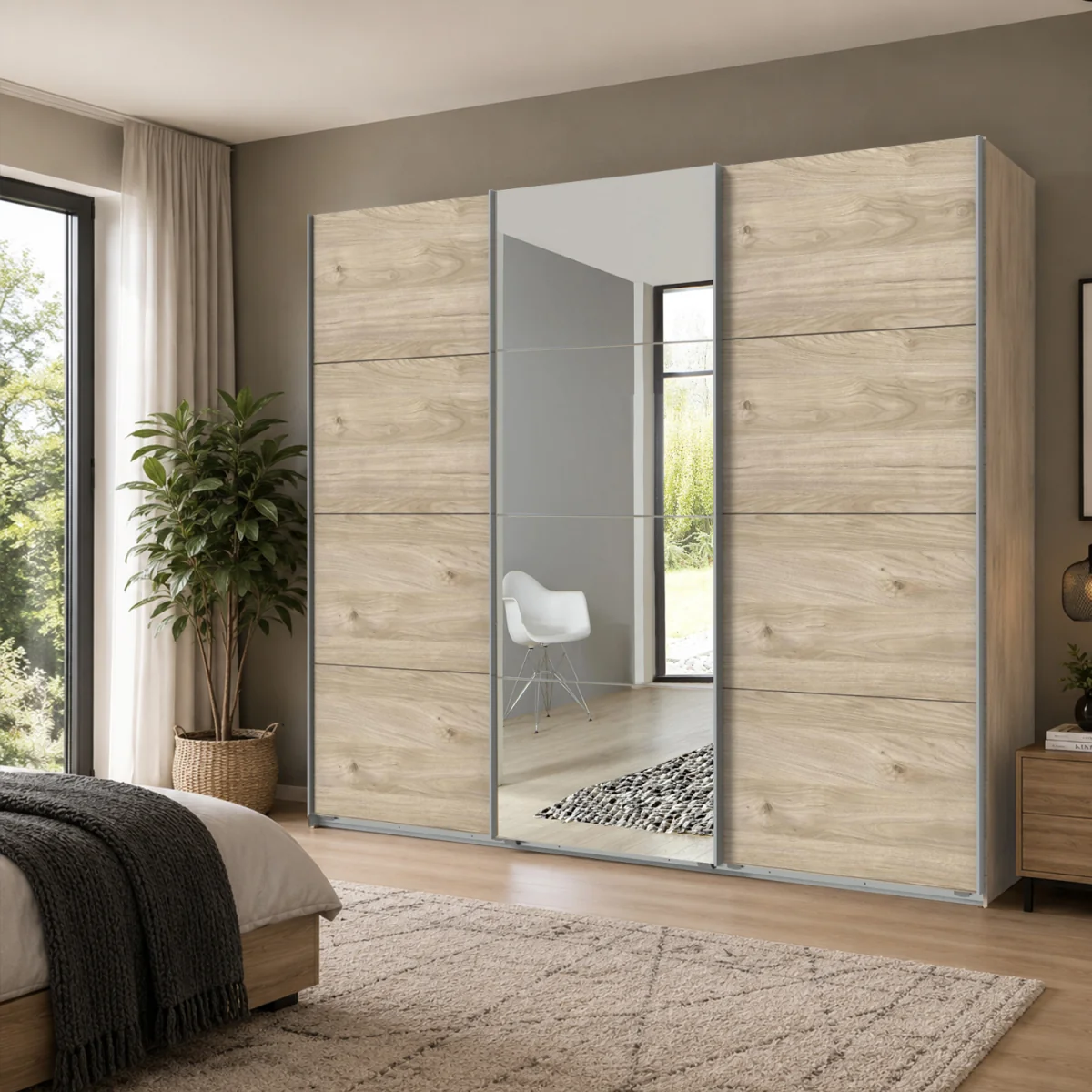 Ernie 270cm 3 Door Mirrored Sliding Wardrobe in Hickory Oak - Oak – image 1