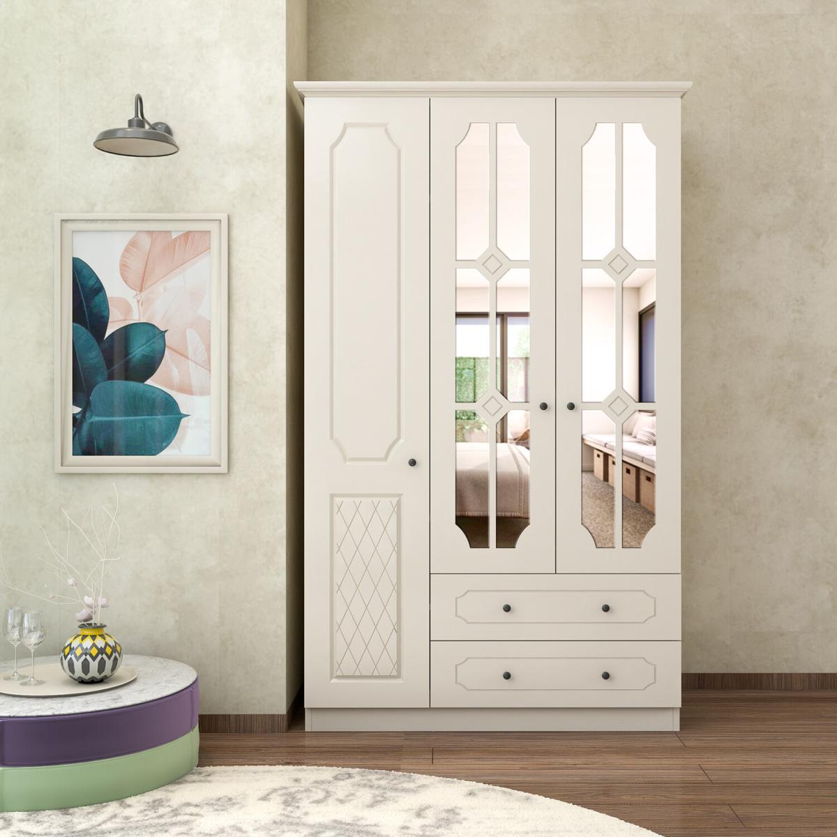 THEO 3 Door 2 Drawer Mirrored Wardrobe, White - White – image 2