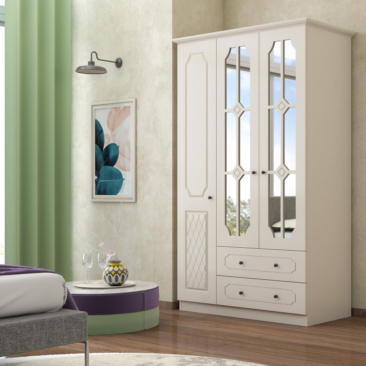THEO 3 Door 2 Drawer Mirrored Wardrobe, White - White – image 3