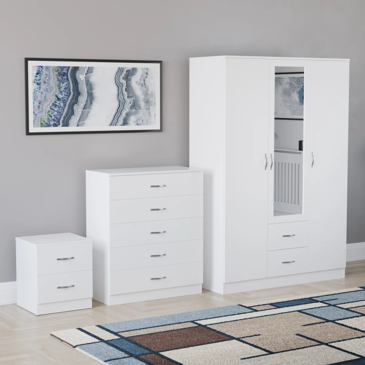 Vida Designs Riano 3 Piece Bedroom Set - (Bedside, Chest, Mirrored Wardrobe) - White – image 1