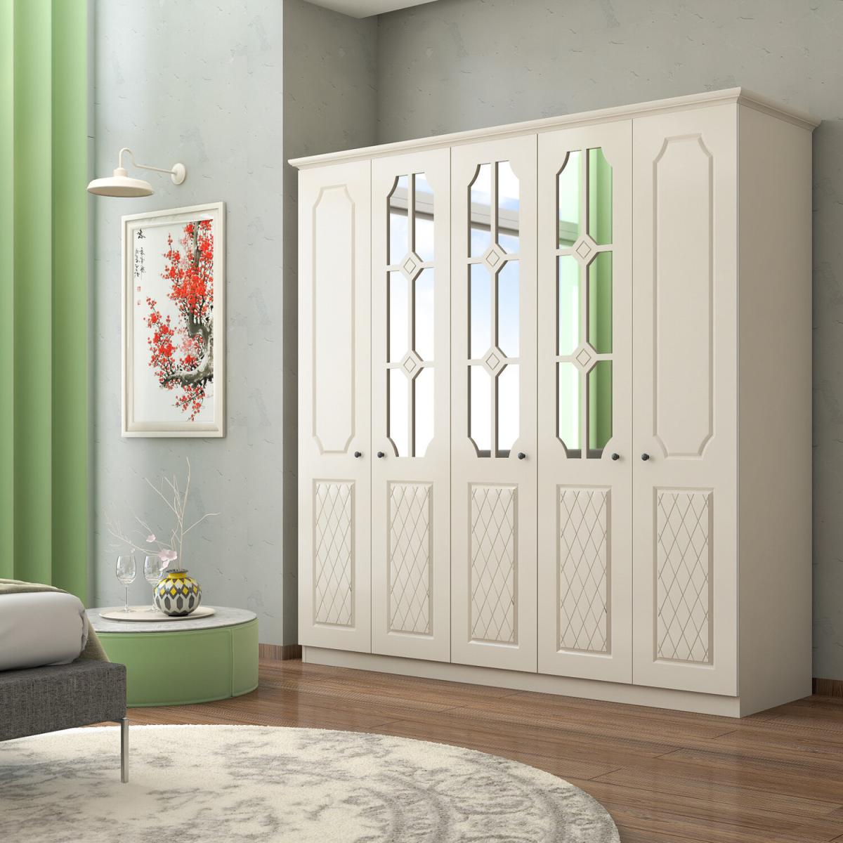 THEO 5 Door Mirrored Wardrobe, White - White – image 2
