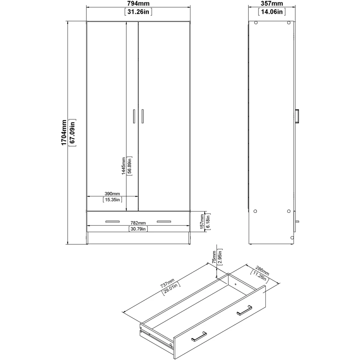 Space Wardrobe with 2 Doors + 1 Drawer - Oak – image 9
