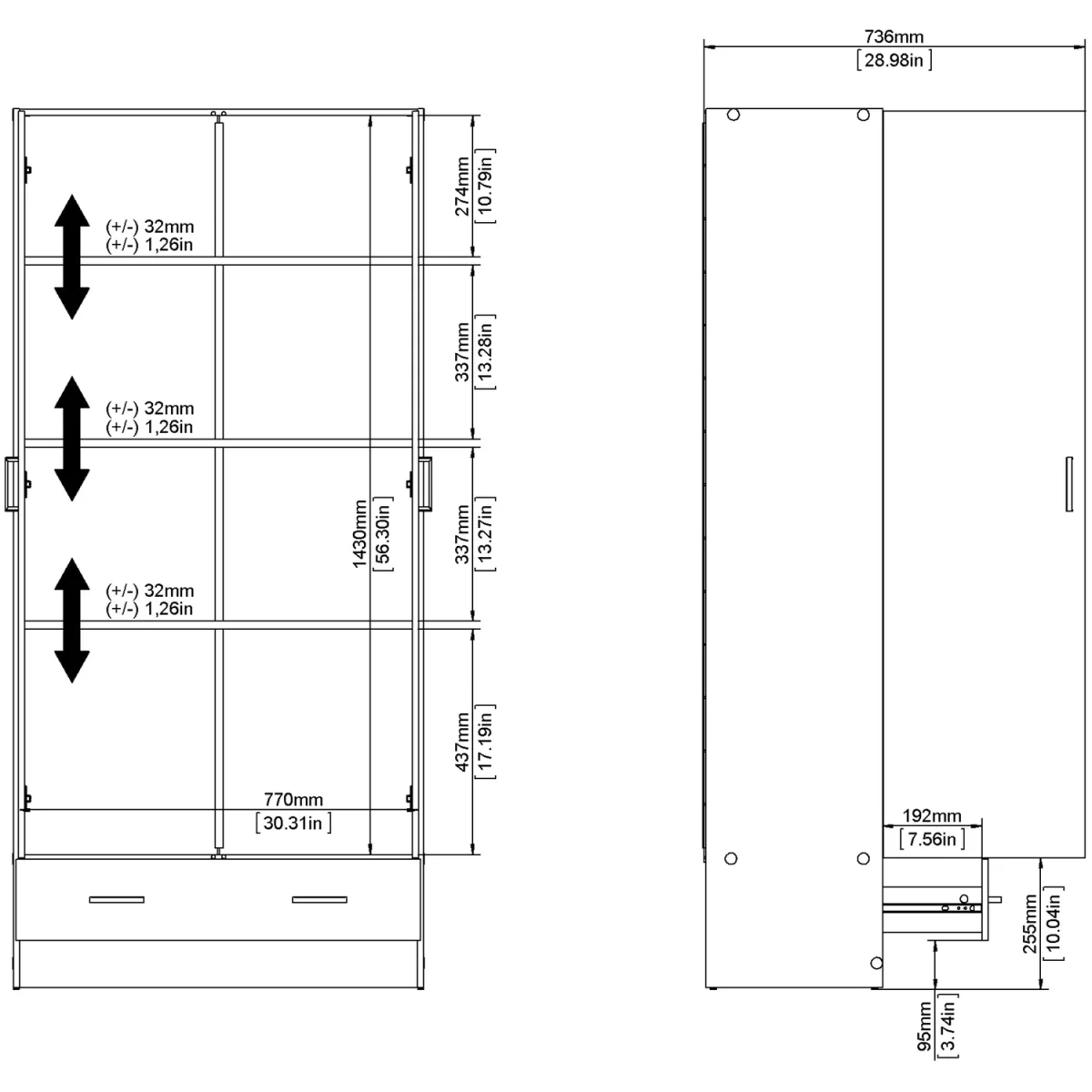 Space Wardrobe with 2 Doors + 1 Drawer - Oak – image 10