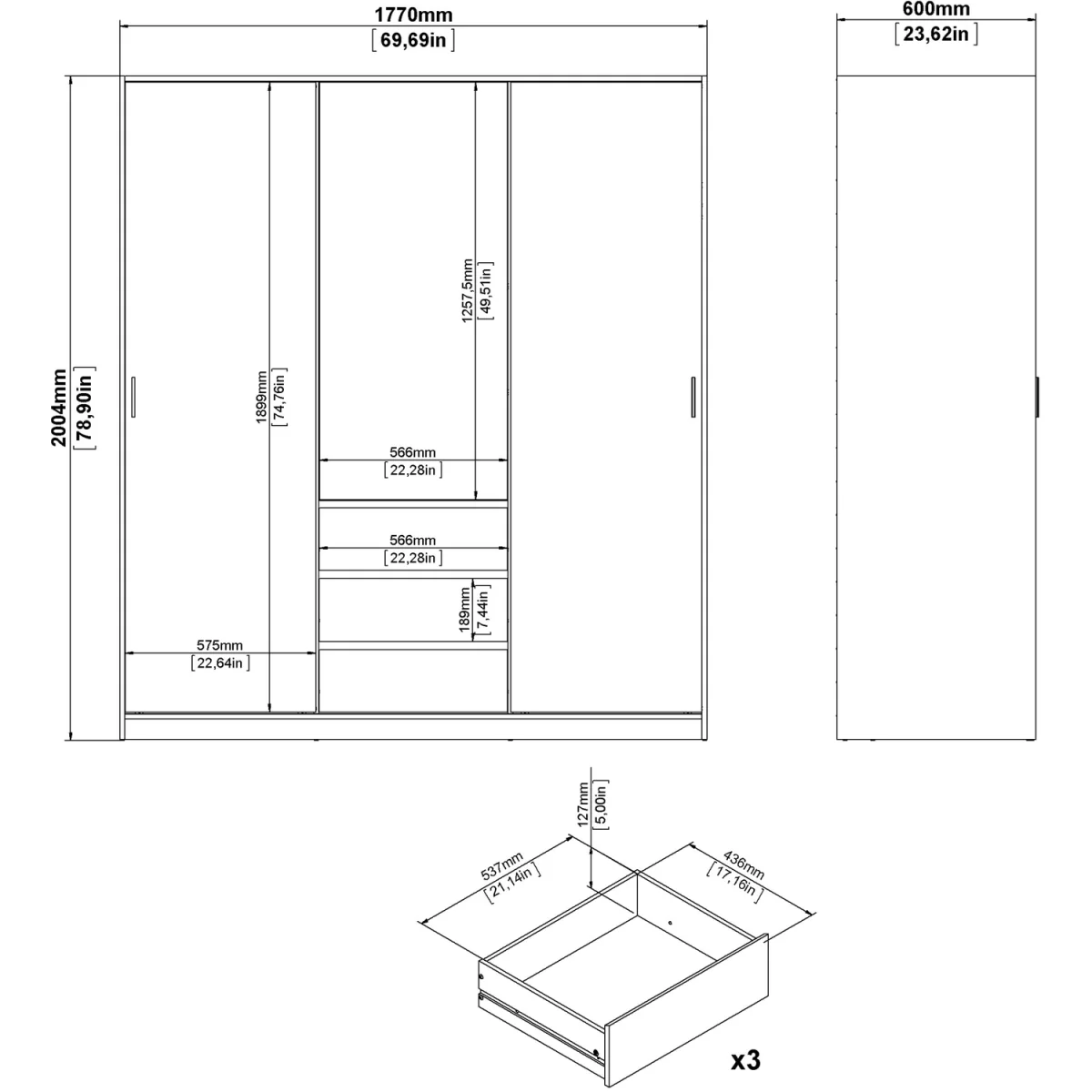 Naia Wardrobe with 2 Sliding Doors 1 Door 3 Drawers in Jackson Hickory Oak - Jackson Hickory Oak – image 23