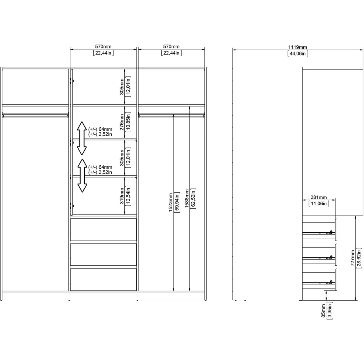 Naia Wardrobe with 2 Sliding Doors 1 Door 3 Drawers in Jackson Hickory Oak - Jackson Hickory Oak – image 24