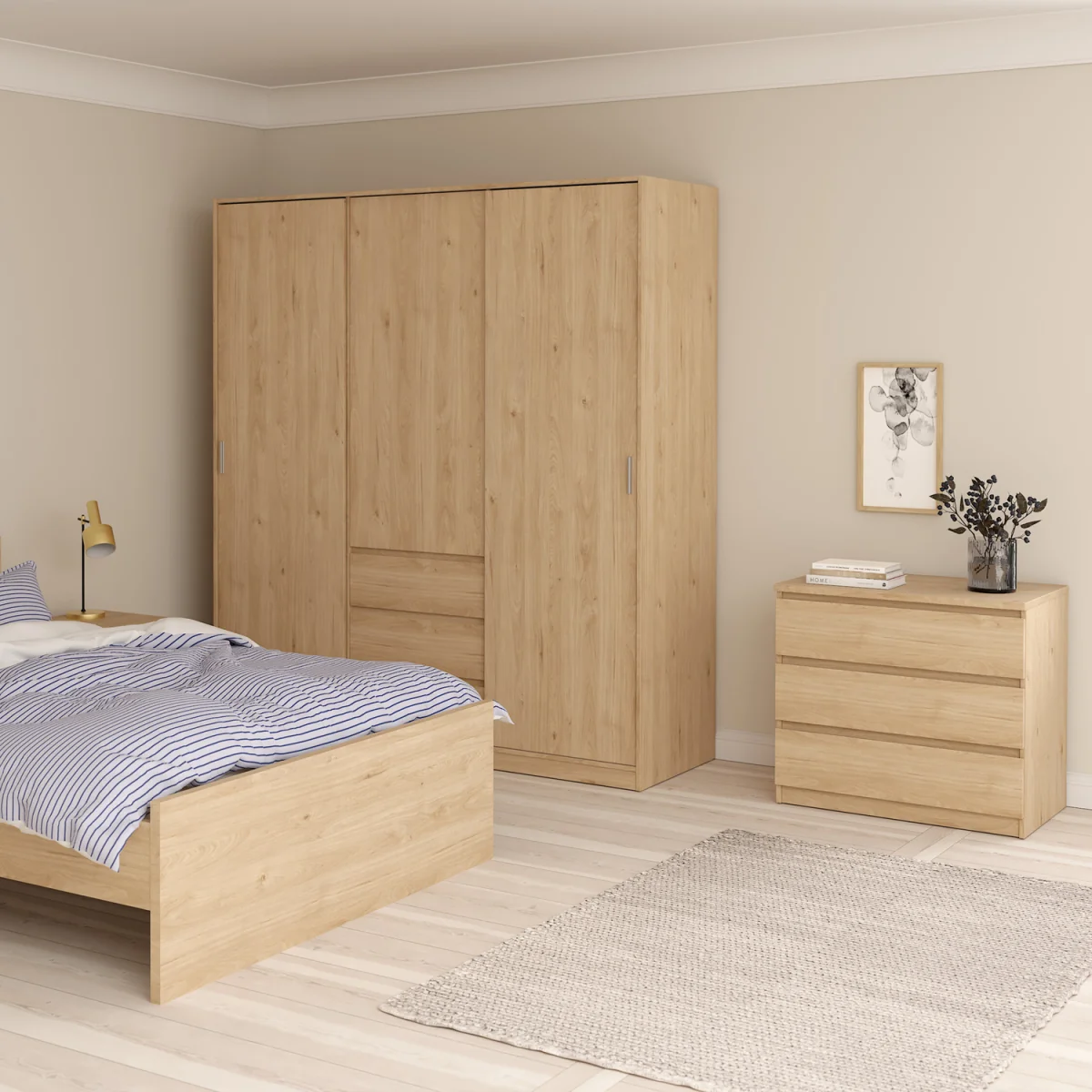 Naia Wardrobe with 2 Sliding Doors 1 Door 3 Drawers in Jackson Hickory Oak - Jackson Hickory Oak – image 5