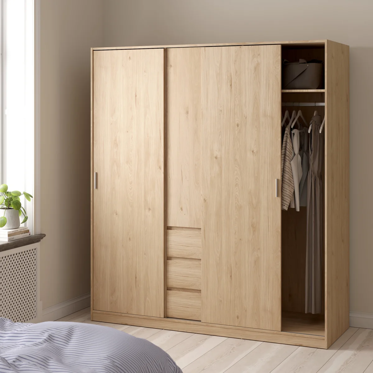 Naia Wardrobe with 2 Sliding Doors 1 Door 3 Drawers in Jackson Hickory Oak - Jackson Hickory Oak – image 7