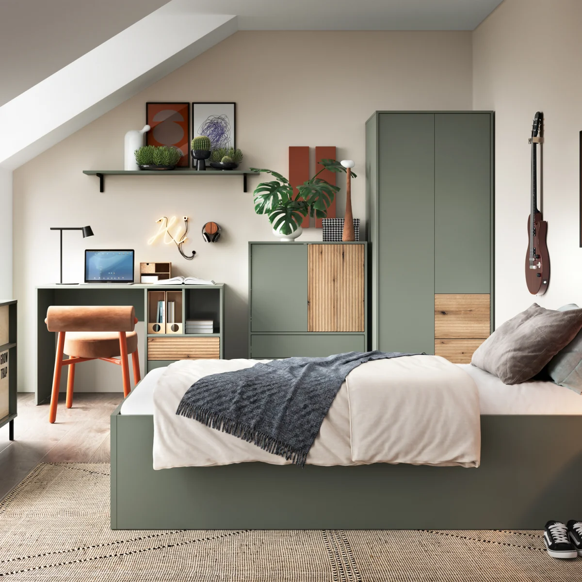 Darwin Wardrobe 2 Door 2 Drawer in Green/Oak - Green & Oak – image 2