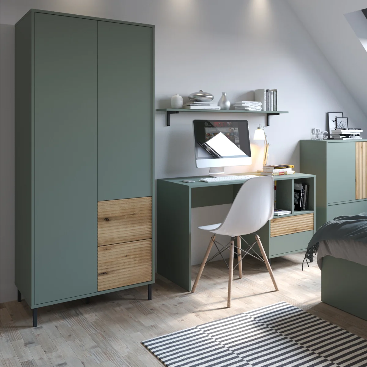 Darwin Wardrobe 2 Door 2 Drawer in Green/Oak - Green & Oak – image 4