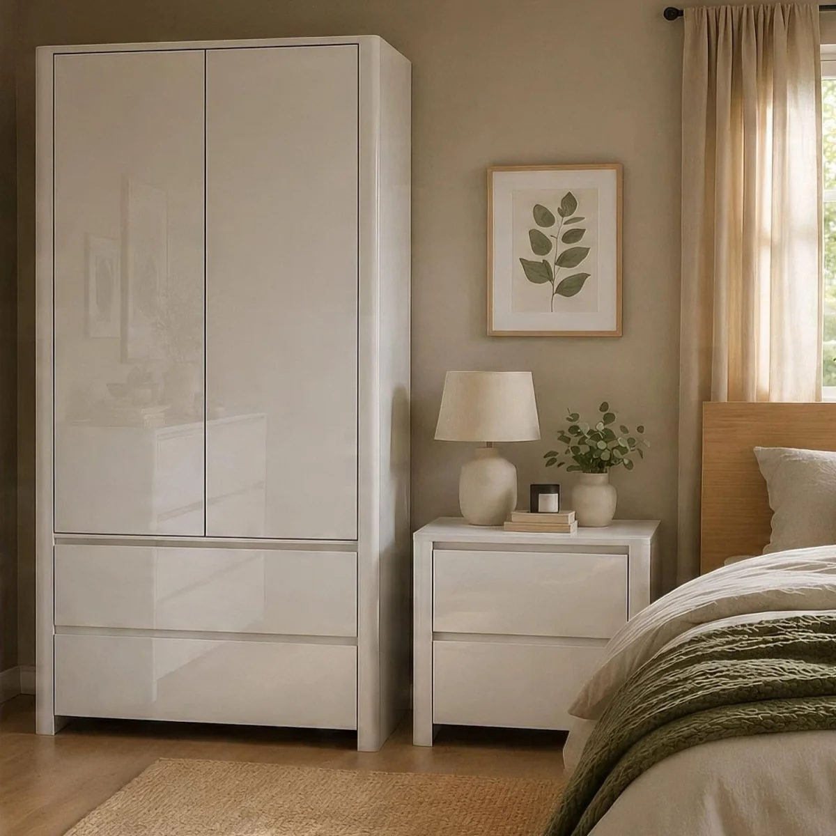 Ardenza White High Gloss 2 Door 2 Drawer Wardrobe - White & White Gloss – image 3