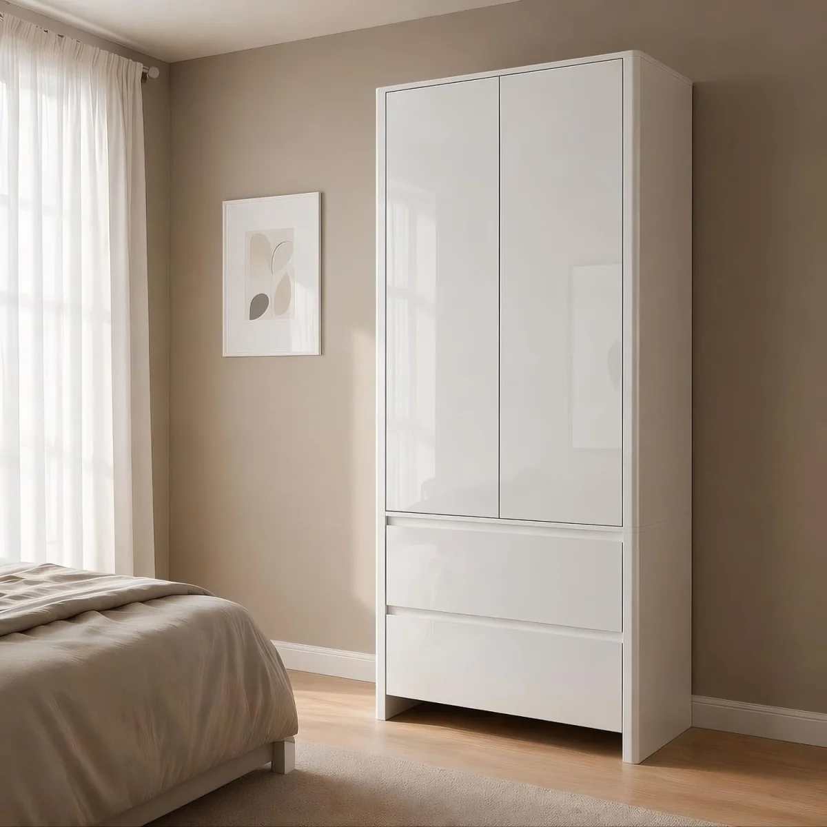 Ardenza White High Gloss 2 Door 2 Drawer Wardrobe - White & White Gloss – image 4