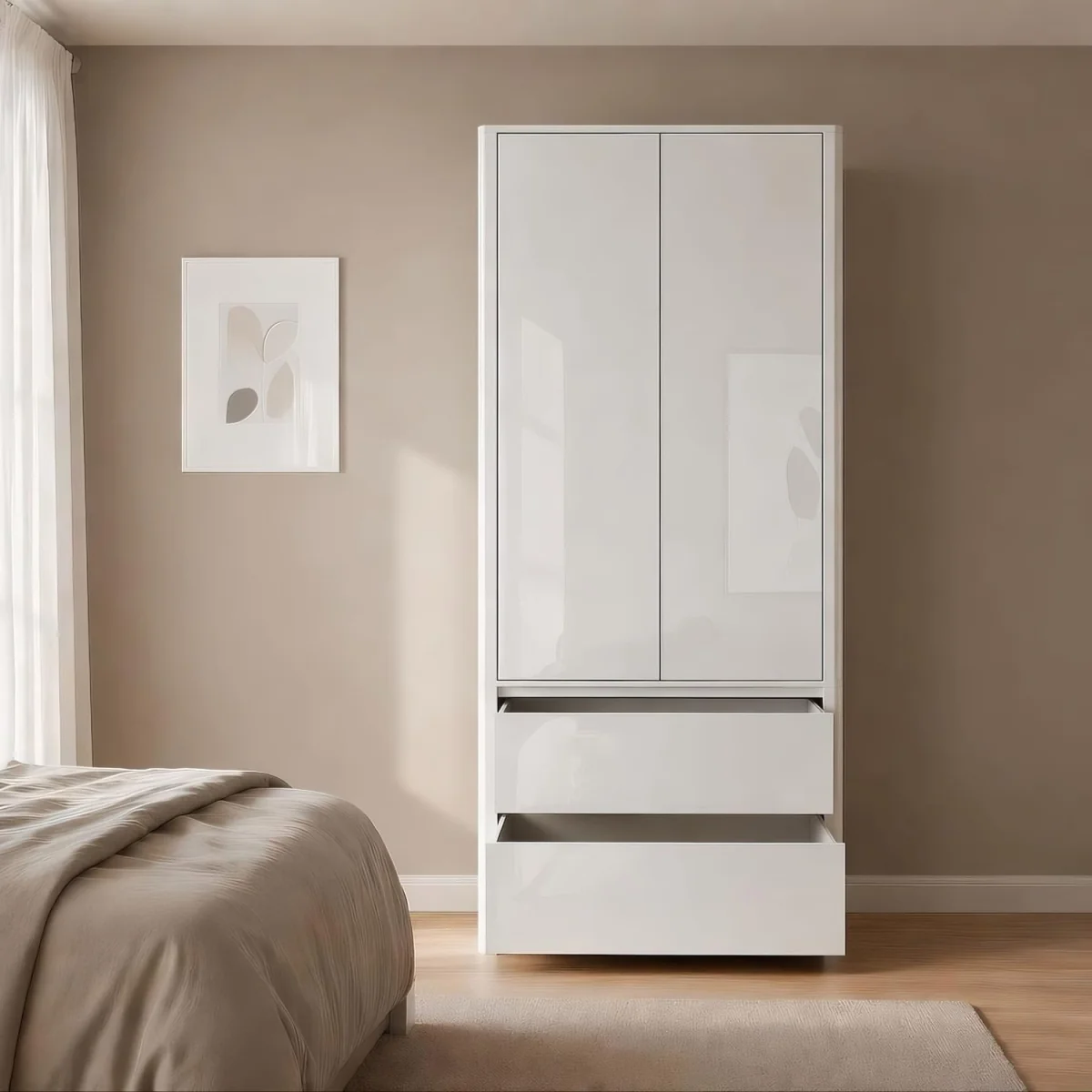 Ardenza White High Gloss 2 Door 2 Drawer Wardrobe - White & White Gloss – image 6