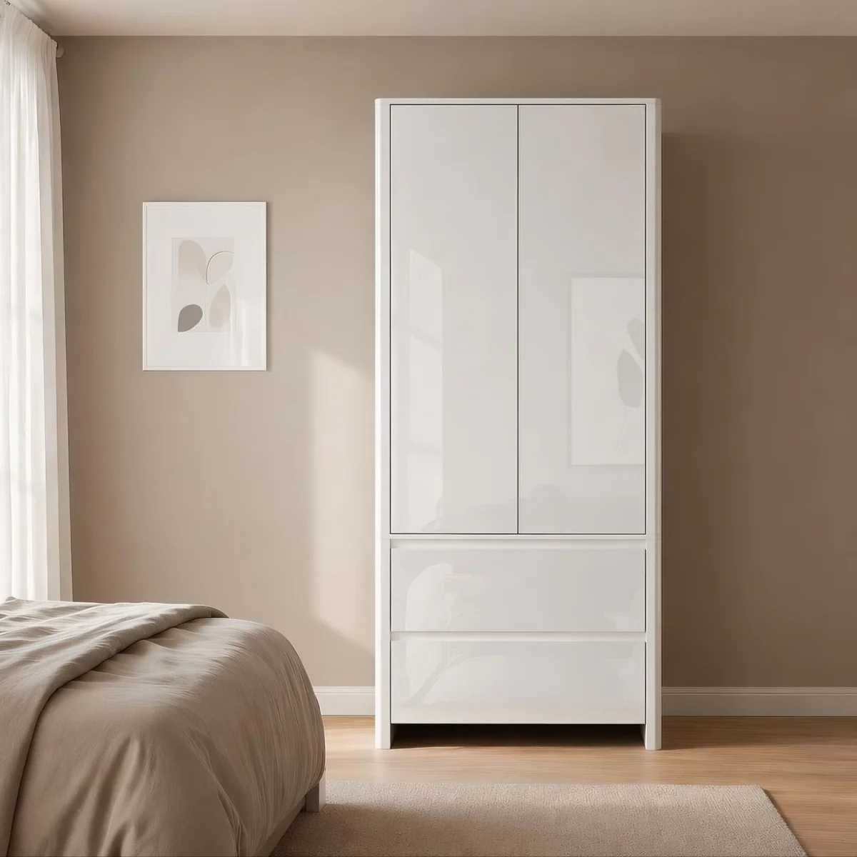 Ardenza White High Gloss 2 Door 2 Drawer Wardrobe - White & White Gloss – image 1