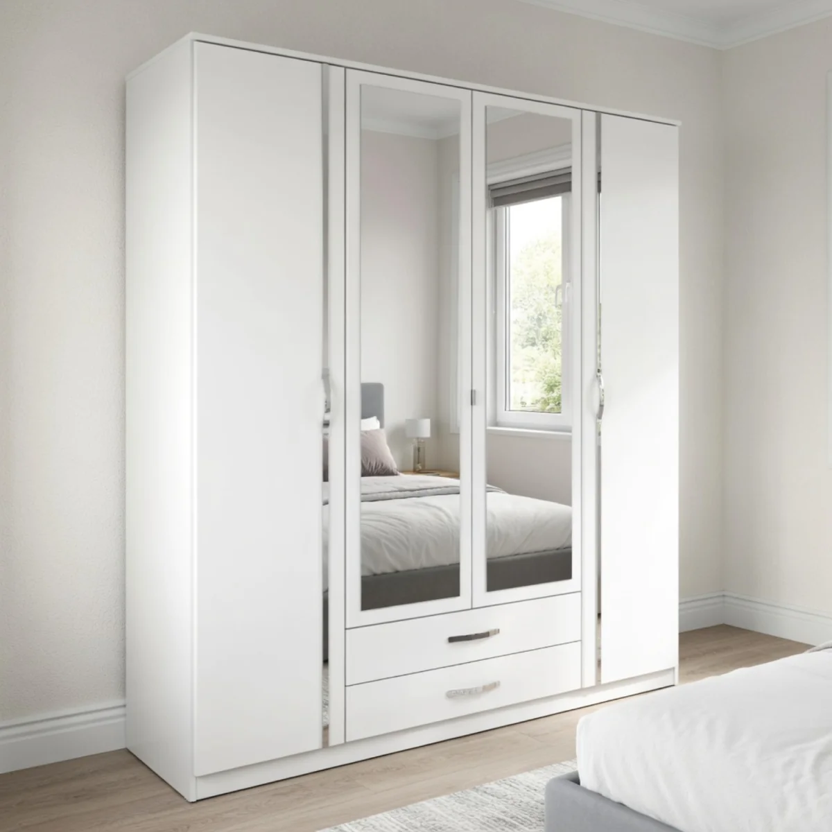Duo 4 Doors Wardrobe with Mirrors and 2 Drawers - White – image 2