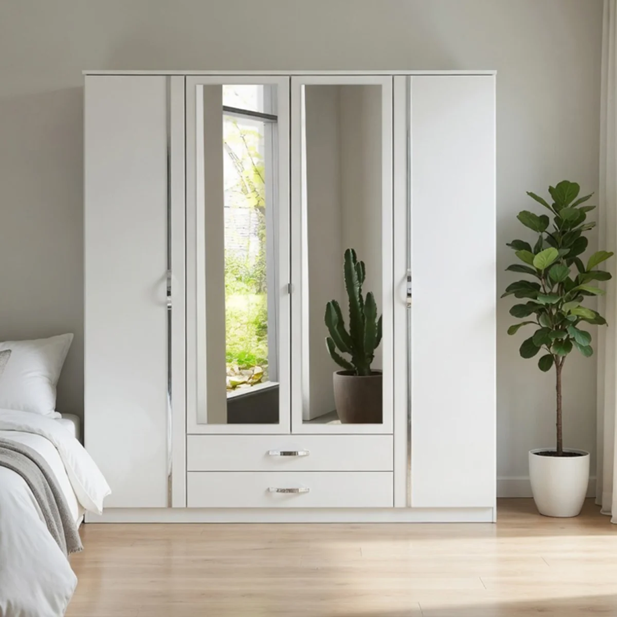 Duo 4 Doors Wardrobe with Mirrors and 2 Drawers - White – image 3