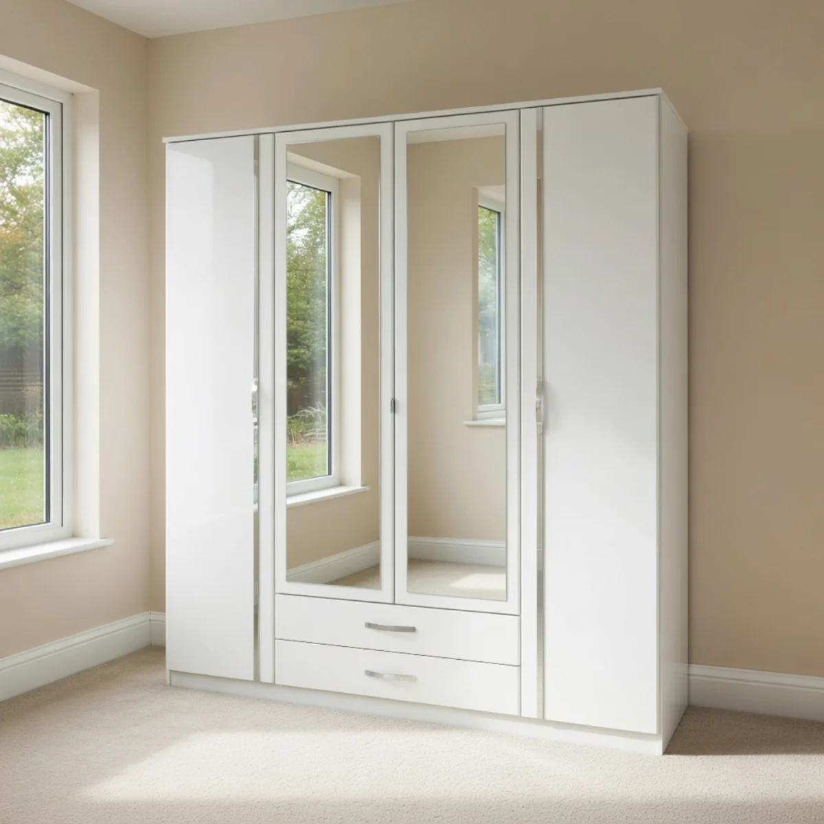 Duo 4 Doors Wardrobe with Mirrors and 2 Drawers - White – image 7
