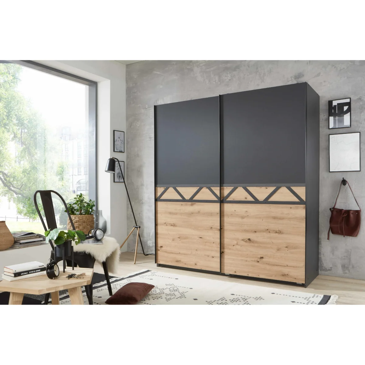 Aberdeen 180cm Sliding Wardrobe in Graphite and Artisan Oak - Grey – image 3