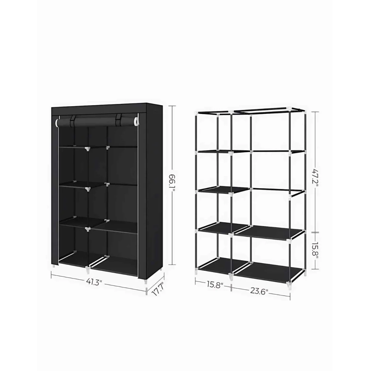 Freestanding Clothes Storage Wardrobe with 6 Shelves and Hanging Rail, Fabric Closet, Black - Black – image 3