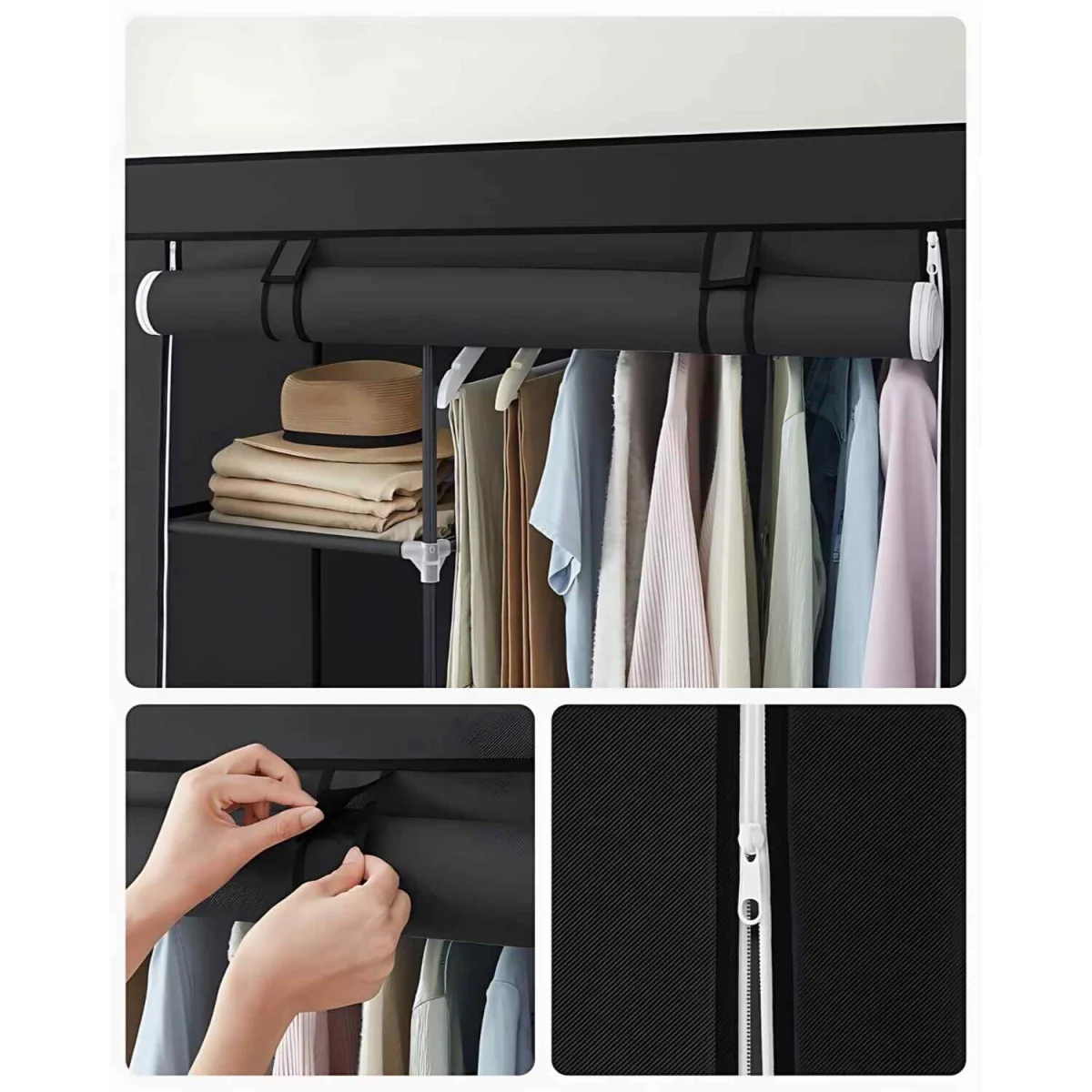 Freestanding Clothes Storage Wardrobe with 6 Shelves and Hanging Rail, Fabric Closet, Black - Black – image 5
